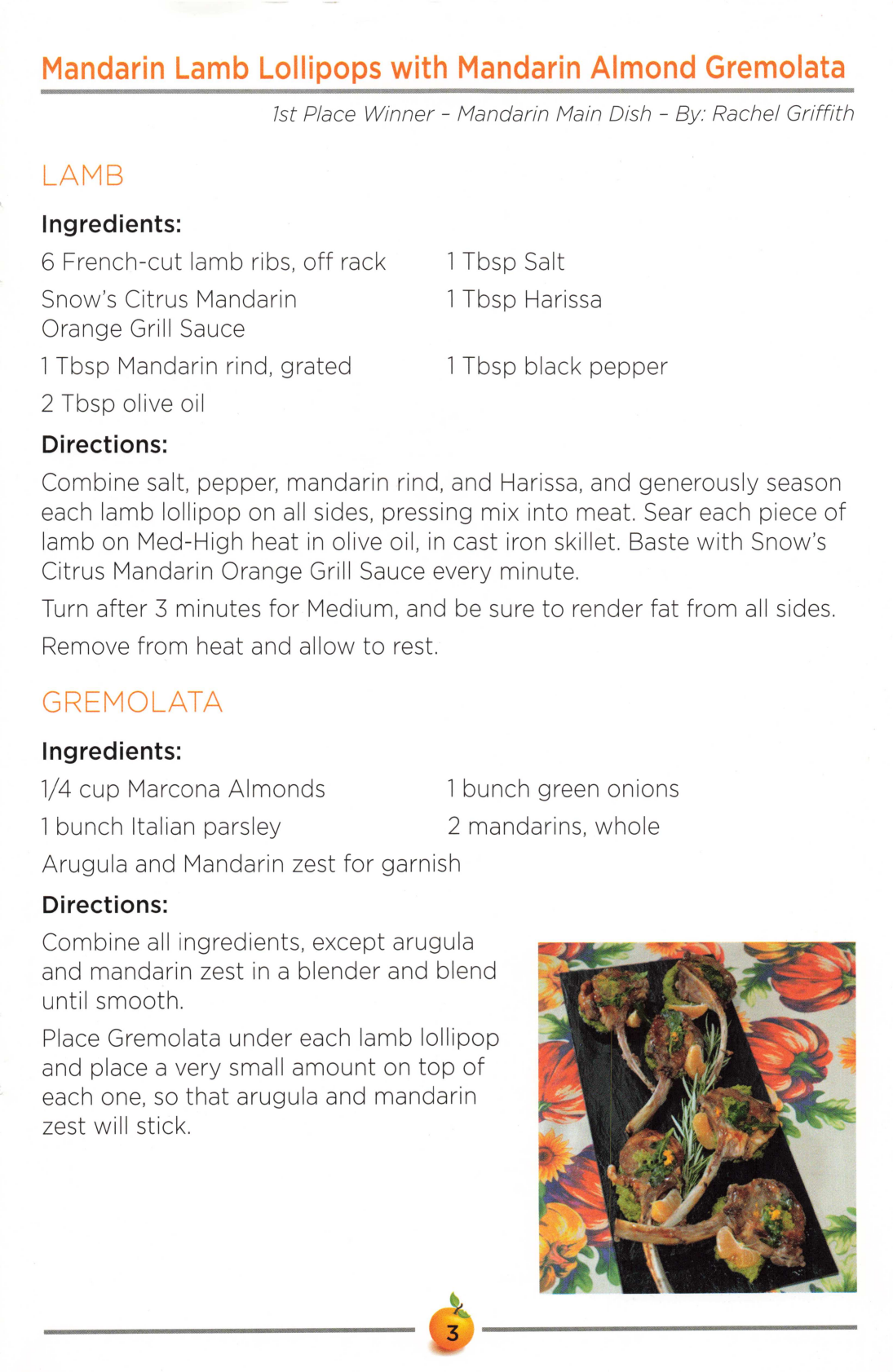 Mandarin Lamb Lollipops with Mandarin Almond Gremolata